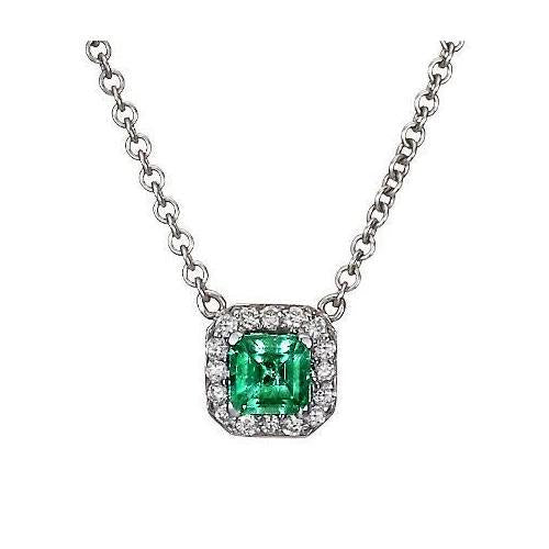 Collier Pendentif Or Blanc 14K 9 Ct Émeraude Verte Avec Diamants - HarryChadEnt.FR