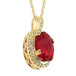 Collier Pendentif Rubis Or Jaune 14K Avec Diamants 6.55 Carats