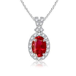 Collier Pendentif Rubis Rouge Avec Diamants 6.75 Carats Or Blanc 14K