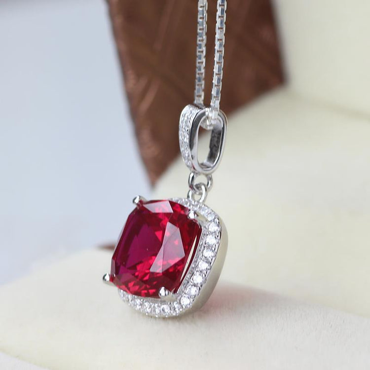 Collier Pendentif Rubis Rouge Avec Diamants 8.25 Ct Or 14K Blanc - HarryChadEnt.FR