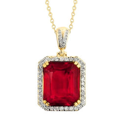 Collier Pendentif Rubis Rouge Et Diamants En Or Jaune 14K 8.70 Carats