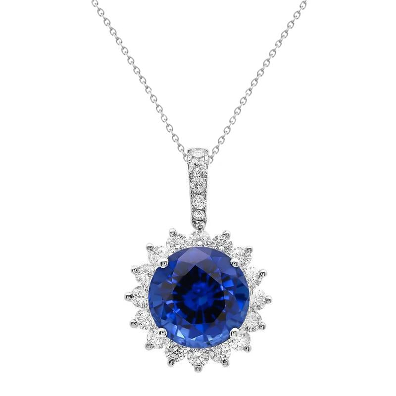 Collier Pendentif Saphir Bleu Et Diamants 8.40 Carats Or Blanc 14K - HarryChadEnt.FR