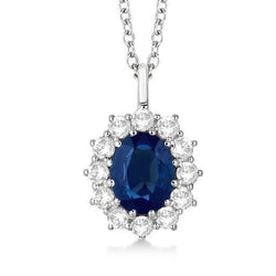 Collier Pendentif Saphir Bleu Ovale Avec Diamants Or Blanc 2.70 Ct