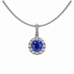 Collier Pendentif Saphir Bleu Rond 2 Carats & Diamant Or 14K