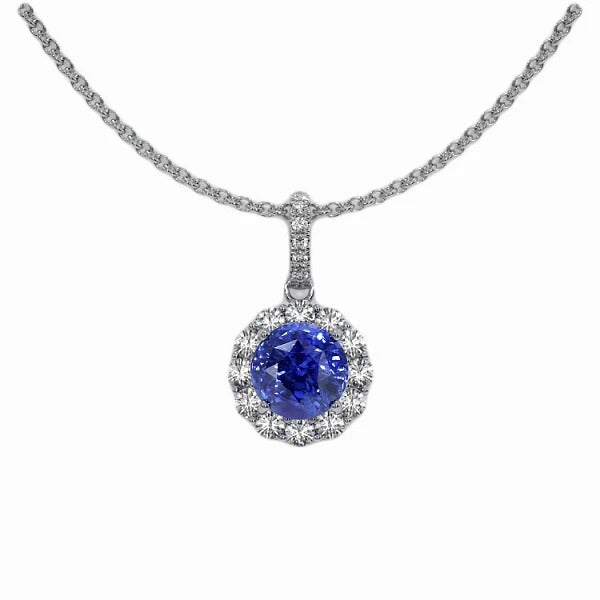 Collier Pendentif Saphir Bleu Rond 2 Carats & Diamant Or 14K