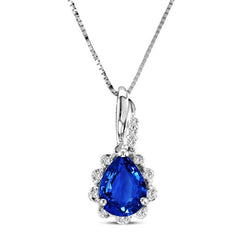 Collier Pendentif Saphir Bleu de Ceylan Diamants 2.10 Ct Or Blanc 14K