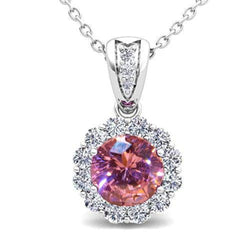 Collier Pendentif Saphir Rose Et Diamant 7 Carats Or Blanc 14K