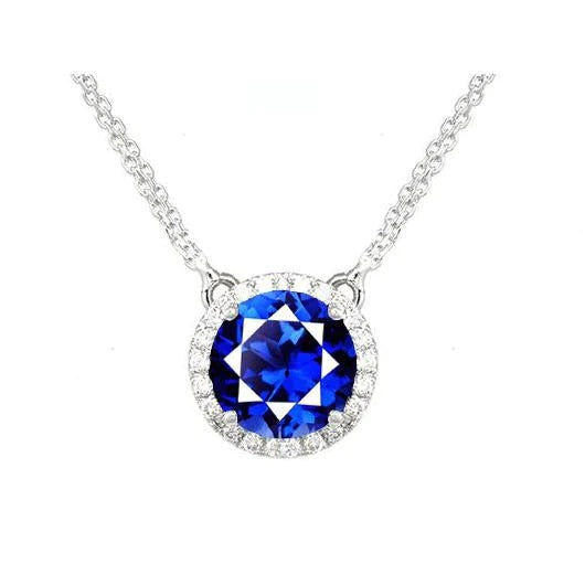 Collier Pendentif Saphir de Ceylan Rond Halo de Diamants 2.50 quilates