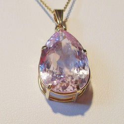 Collier Pendentif Taille Poire 32 Ct Grand Kunzite Rose Or Jaune