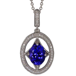 Collier Pendentif Tanzanite Bleue Et Diamants 3.00 Ct Or Blanc 14K