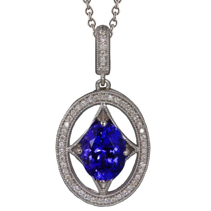 Collier Pendentif Tanzanite Bleue Et Diamants 3.00 Ct Or Blanc 14K - HarryChadEnt.FR