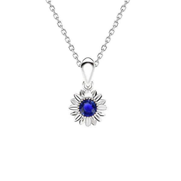 Collier Solitaire Pendentif Saphir Bleu Rond Style Fleur 1 quilates