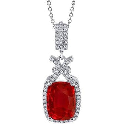 Collier avec pendentif en rubis taille coussin et diamants de 13.20 ct. GT 14K