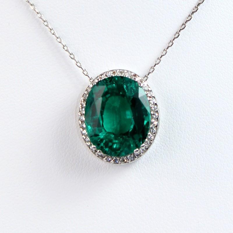 Collier pendentif émeraude verte et diamants en or blanc 6.25 carats 14K - HarryChadEnt.FR