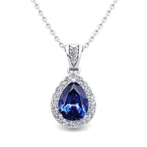 Collier pendentif en diamant taille poire et saphir de Ceylan 2.25 ct WG 14K - HarryChadEnt.FR
