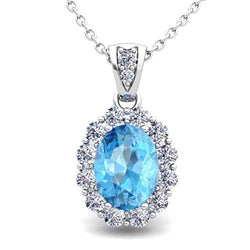 Collier pendentif en pierres précieuses avec topaze bleue et halo de diamants 10.90 ct. GT 14K