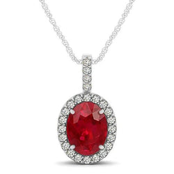 Collier pendentif ovale rubis et diamants en or blanc 9.10 ct 14K