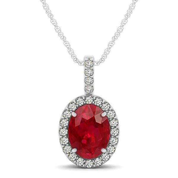 Collier pendentif ovale rubis et diamants en or blanc 9.10 ct 14K - HarryChadEnt.FR