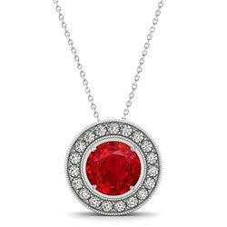 Collier pendentif serti de rubis avec diamants de 4.50 cts en or blanc 14K