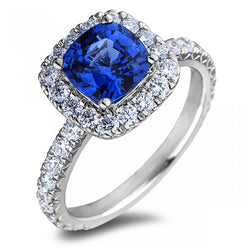 Coussin Ceylan Bleu Saphir Avec Diamants 2.50 Ct. Anneau