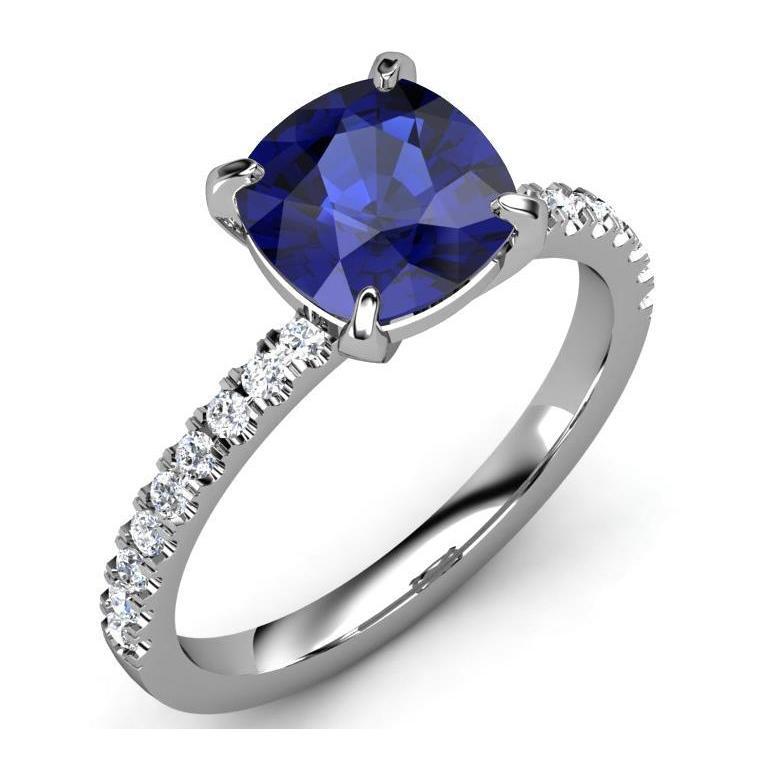 Coussin Ceylan Saphir Et Diamants 2.90 Ct Bague Or Blanc 14K - HarryChadEnt.FR