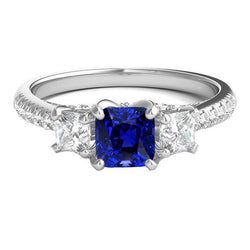 Coussin Pierre Gemme Bleu Saphir Bague Princesse Diamants 2.50 Carats