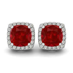 Coussin Rubis Avec Diamants 8.40 Carats Boucles D'oreilles Clous Halo Or 14K