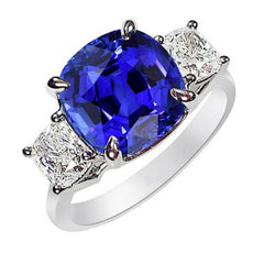 Coussin Saphir 3 Pierres Bague Diamant Griffe Bijoux Or 4 Carats
