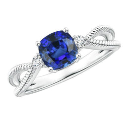 Coussin Saphir Bague 3 Pierres Split Tige 2.25 Carats Style Corde