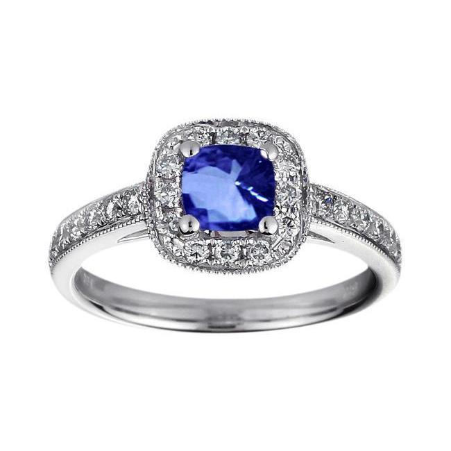 Coussin Sri Lanka Bleu Saphir Diamant 1.25 Ct. Bague Or Blanc 14K - HarryChadEnt.FR