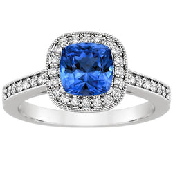 Coussin Sri Lanka Bleu Saphir Diamants 3.40 Ct Bague Or Blanc 14K