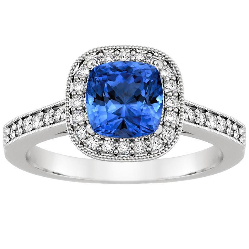 Coussin Sri Lanka Bleu Saphir Diamants 3.40 Ct Bague Or Blanc 14K - HarryChadEnt.FR