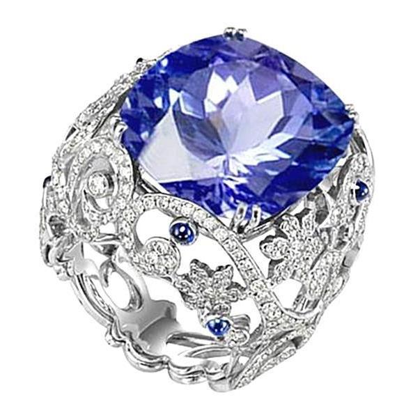 Coussin Sri Lanka Saphir Diamants Or Blanc 14K Bague 8.51 Ct - HarryChadEnt.FR