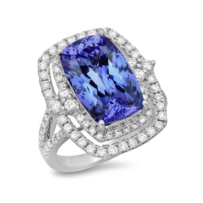 Coussin Tanzanite & Diamant 7 Carats Halo Bague Fantaisie Or Blanc 14K - HarryChadEnt.FR