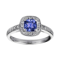 Coussin Tanzanite Diamants Bague Halo 2 Carats Or Blanc 14K