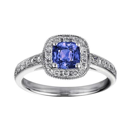 Coussin Tanzanite Diamants Bague Halo 2 Carats Or Blanc 14K - HarryChadEnt.FR