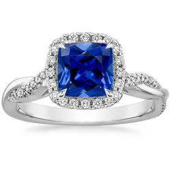 Diamant Halo Bague Coussin Bleu Saphir Pavé Serti Accentué 3.25 Carats