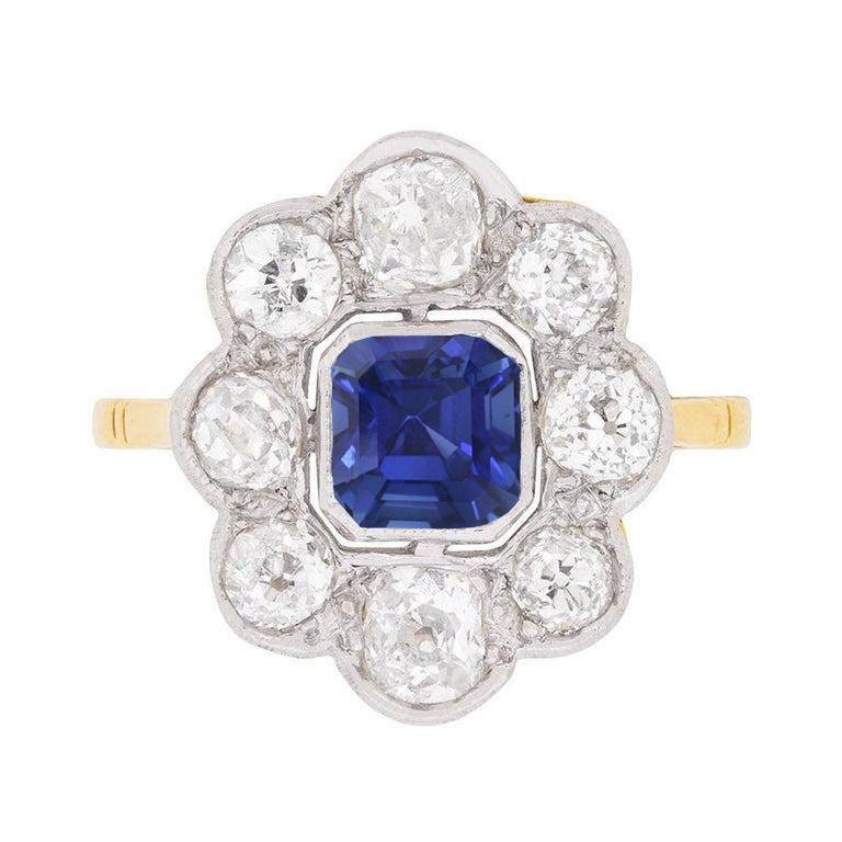 Diamond Halo Sapphire Ring Bezel Set Asscher Cut Flower Style 4 Carats - HarryChadEnt.FR