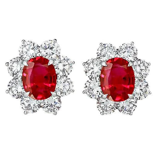 Eagle Claw Prongs Red Ruby & Diamond Studs Boucles d'oreilles Halo Or blanc 14K