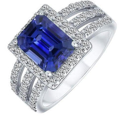 Emerald Halo Srilanka Sapphire Bague Triple Tige Diamants 5.50 Carats