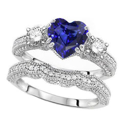 Ensemble Alliance Diamant Coeur Saphir Bleu Style Antique 3.50 Carats