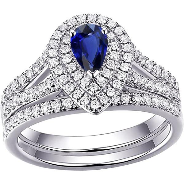 Ensemble Alliance Double Halo Saphir Bleu Poire & Diamants 4.50 Carats - HarryChadEnt.FR