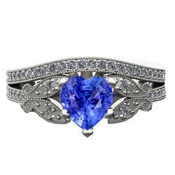 Ensemble Bague de Fiançailles Diamant Coeur Saphir Style Papillon 3 Carats