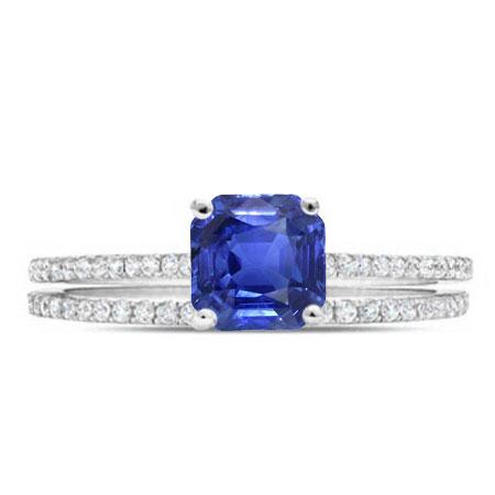 Ensemble Bague de Fiançailles Saphir Bleu Asscher Cut Or Blanc 14K 3 Carats - HarryChadEnt.FR