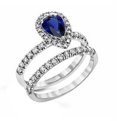 Ensemble de bague de mariage diamant halo poire Sri Lanka saphir 2.50 carats