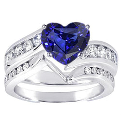 Ensemble de bague de mariage en saphir taille cœur et diamants sertis de chaîne 3.50 carats