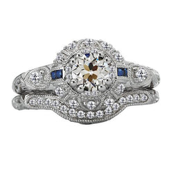 Ensemble de bagues de fiançailles diamant taille ancienne et saphirs style vintage 4 carats
