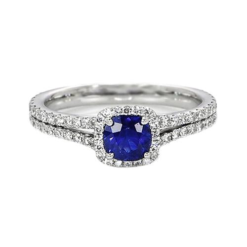 Ensemble de bagues de fiançailles en saphir de Ceylan et diamants Halo Cushion 3.20 carats - HarryChadEnt.FR