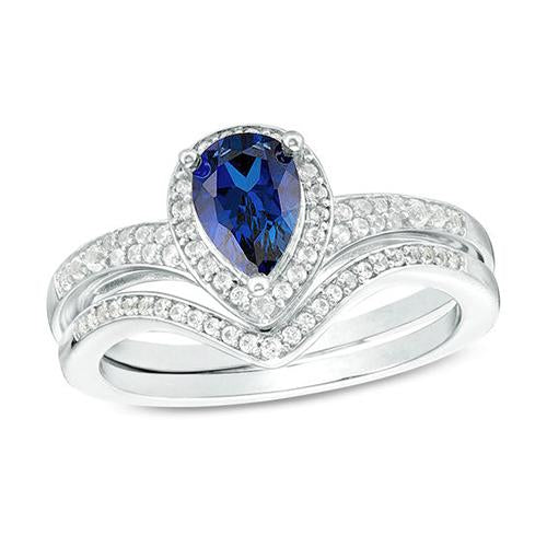 Ensemble de bagues de fiançailles halo de diamants taille poire saphir bleu neuf 4 carats - HarryChadEnt.FR