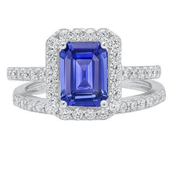Ensemble de bagues de mariage Halo Emerald Sapphire 4.50 Carats Bijoux en or blanc